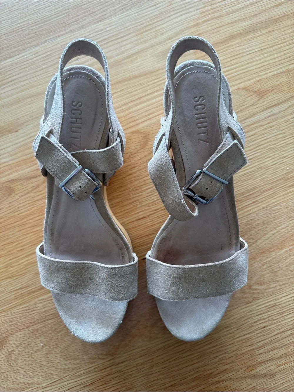 SCHUTZ Taupe Suede Platform Sandals with Wooden Block Heel